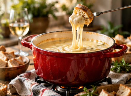 Rode fonduepan met een stukje brood dat uit de gesmolten kaas wordt getild